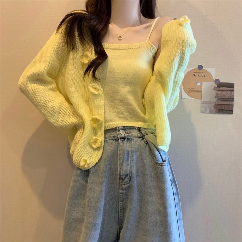 Flower Sweater Cardigan Jacket For Women Spring & Fall Soft Waxy Short Small Suspender Top Two-Piece Suit - Image 1